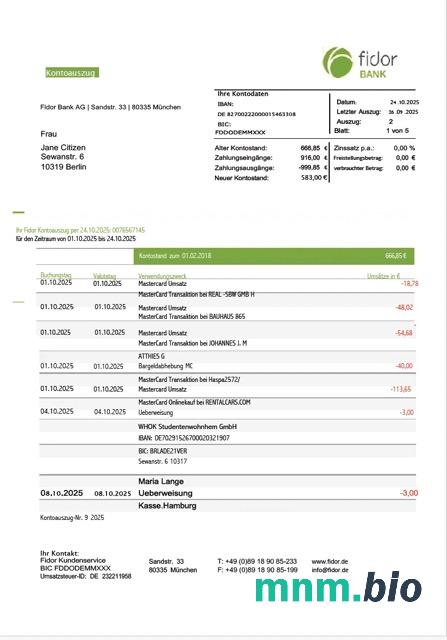 Niemcy Deutsche Bank wyciąg z konta Word i szablon PDF, 2 strony